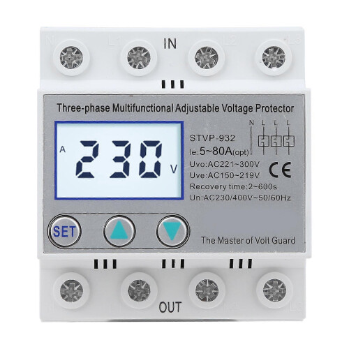Adjustable Voltage Protector 3-Phase LCD Multifunctional Self-Resetting STVP-932 230v 400VAC(50A ) 1