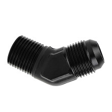 Adapter met 10AN mannelijke flare-aansluiting naar 1/2" NPT-buisaansluiting en een hoek van 45 graden, gemaakt van aluminiumlegering.