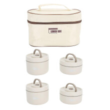 Geïsoleerde lunchbox van 304 roestvrij staal, lekvrij, draagbaar, rond, thermische bentobox met deksel en thermische tas, beige, 4 stuks
