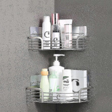 Set Of 2 Corner Shower Shelf Without Drilling Adhesive Bathroom Shelf Stainless Steel Triangle Basket Storage For Shampoo Soap With Hooks