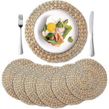 6 Pack, Round Woven Placemats, Natural Water Hyacinth Place Mats, Braided Straw Table Mats For Dining Table (13.8 Inch) - Water Hyacinth 13.8 Inc