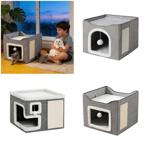Double Deck Cats Bed with Scratching Pad Foldable Pet- incline 2