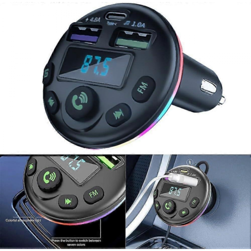 Car Bluetooth FM Transmitter with Ambient Lights, Wireless Handsfree Car Kit MP3 Player 2