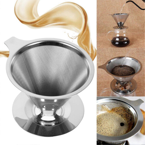 1Pc Stainless Steel Pour Over Coffee Dripper Double Layer Mesh Filter Cup Stand Home Office Use 2