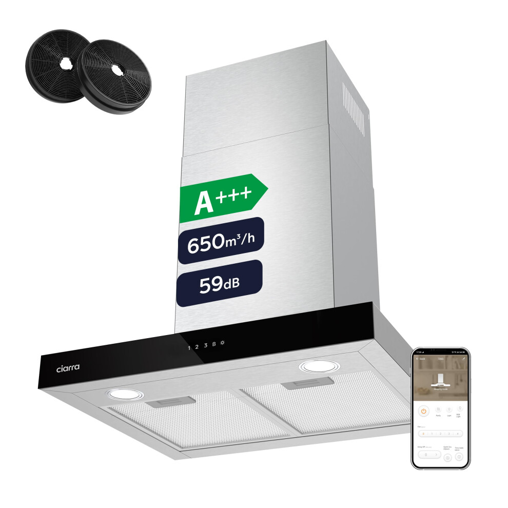 Ciarra Cbcs6102 Cooker Hood 60Cm Wifi App Touch Control 650M³/H Recirc