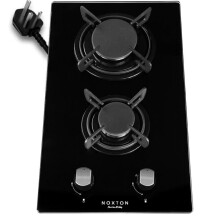 NOXTON Gas Hob 2 Burner with LPG/NG Kit, Built-in Gas Cooker Plug & Go Easy Installation, Black Tempered Glass Easy to Clean, Cast Iron Pan Support,