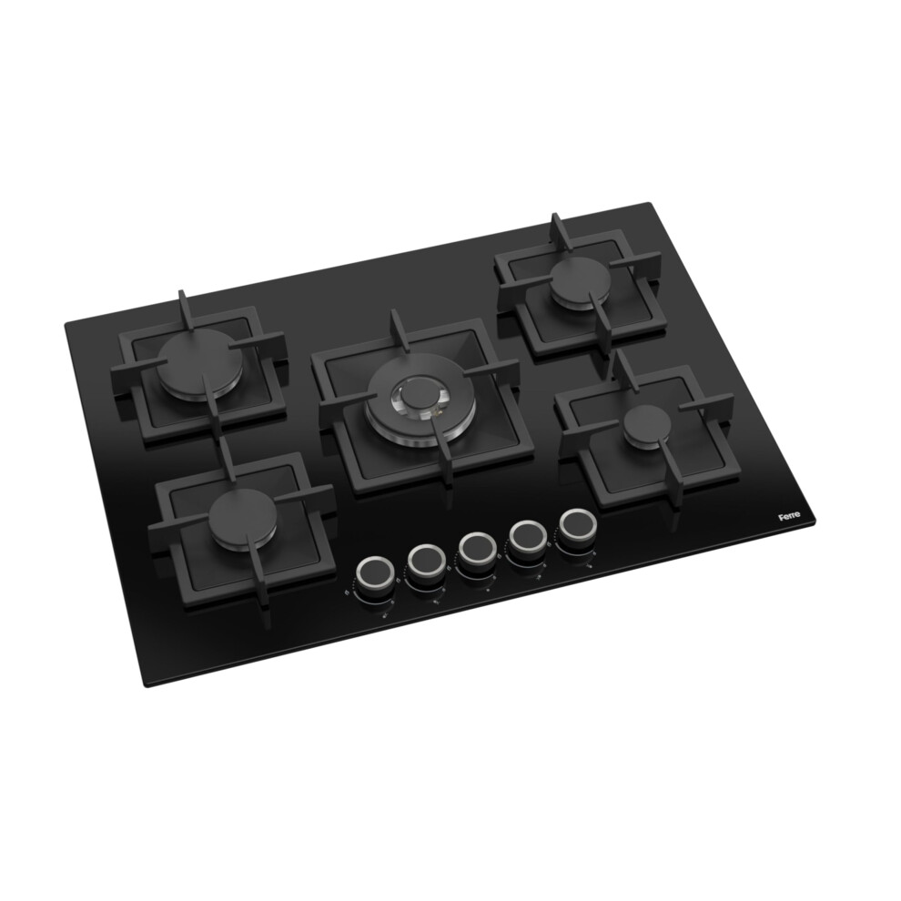 Ferre Sc035-75Cm Built-In Gas Hob - 5 Burners - Black Glass - Cast Iro