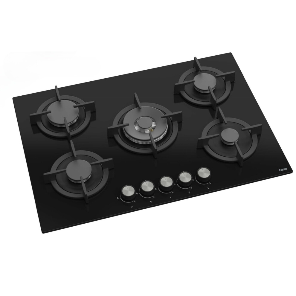 Ferre Rc035-75Cm Built-In Gas Hob - 5 Burners - Black Glass - Cast Iro