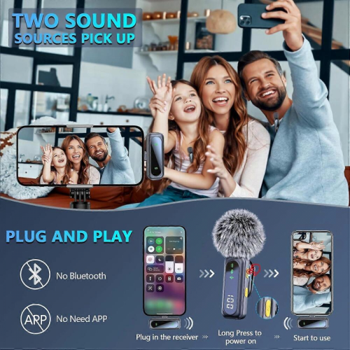 Wireless Lavalier Microphone Compatible with iPhone and Android, 2pcs Noise Cancelling Lapel Mic with LED Display 1