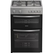 Indesit IDG6GS 60cm Gas Cooker with Double Oven & Grill, Freestanding, Silver, A+ Energy Rated, 4 Burner Hob, Easy Clean Enamel, Flame Failure Safety