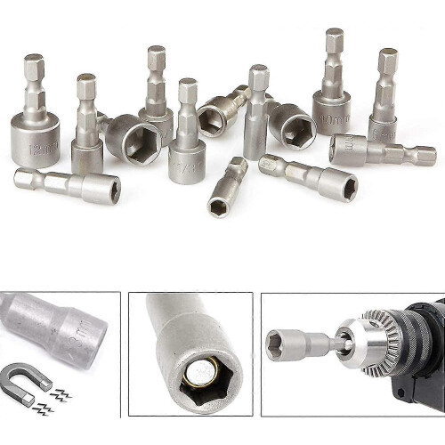 10pcs Magnetic Hex Socket 6-19mm Hex Shank Nut Adjuster 1/4" Magnetic Bit 2