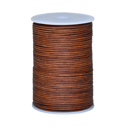 Round Genuine Leather Cord 2.0mm – Distressed Saddle, 20m