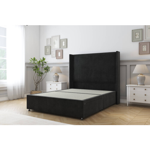 (2'6 Small Single, Black) Sloomy Devonshire Plush Divan Bed Base No Drawers With 54" Wingback Headboard