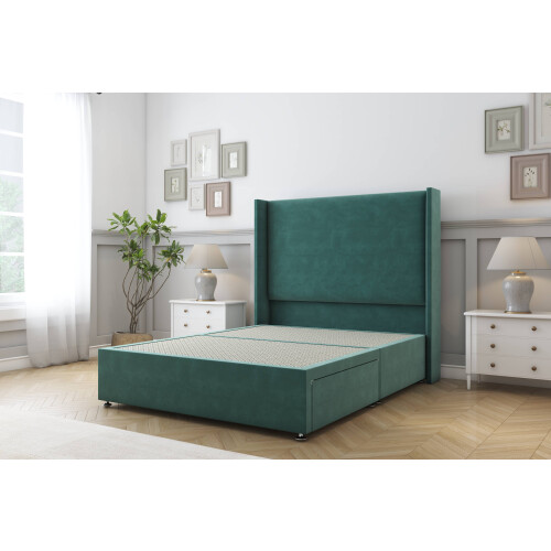 (4' Small Double, Emerald) Sloomy Devonshire Plush Divan Bed Base No Drawers With 54" Wingback Headboard