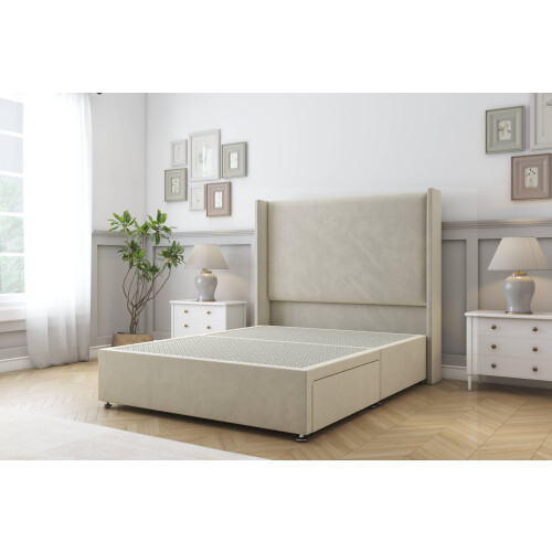 (3' Single, Cream) Sloomy Devonshire Plush Divan Bed Base No Drawers With 54" Wingback Headboard