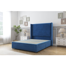 (4' Small Double, Navy) Sloomy Devonshire Plush Divan Bed Base 2 Drawers Foot-End With 54" Wingback Headboard