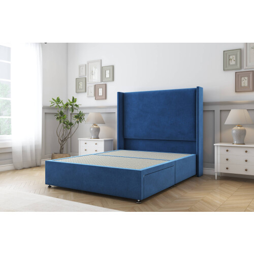 (4' Small Double, Navy) Sloomy Devonshire Plush Divan Bed Base No Drawers With 54" Wingback Headboard