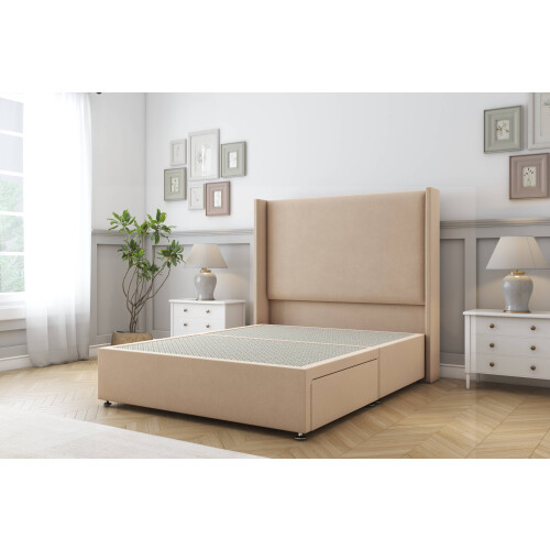 (4'6 Double, Pebble) Sloomy Devonshire Plush Divan Bed Base No Drawers With 54" Wingback Headboard