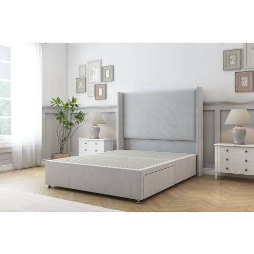 (4' Small Double, Sliver) Sloomy Devonshire Plush Divan Bed Base No Drawers With 54" Wingback Headboard