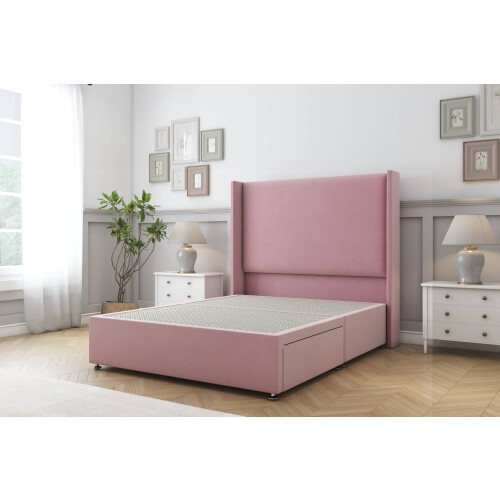 (3' Single, Pink) Sloomy Devonshire Plush Divan Bed Base No Drawers With 54" Wingback Headboard