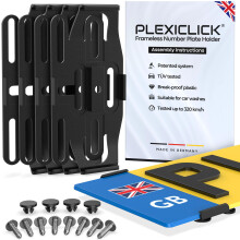 PLEXICLICK 4x Number Plate Holder - Black - Frameless Number Plate Clips For Acrylic UK Number Plates - Universal Reg Plate Holder - Strong & Secure