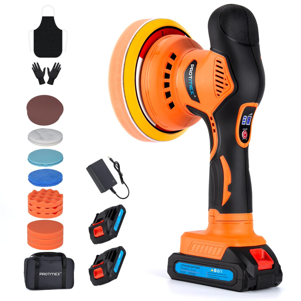 Protmex Cordless Car Buffer Polisher, 6In Car Buffers And Polishers Kit, 6 Variable Speed Car Polishing Kit, 2*21V 2.0Ah Batteries Cordless Polisher 87732108