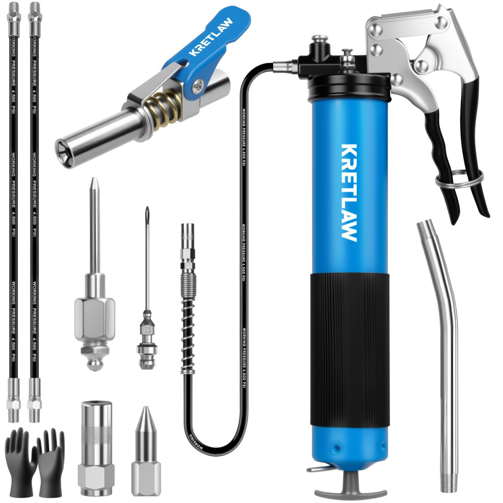 Kretlaw Grease Gun, 7000 Psi Heavy Duty Professional Pistol Grip Grease Gun Kit With Double Grease Injector Needle,18" & 2Pc 12" Flex Hose,14Oz 5000273903171