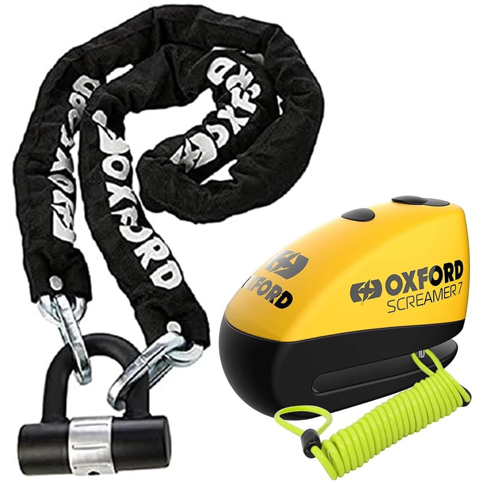 Oxford Of159 H D Motorbike Chain Lock + Screamer 7 Alarm Disc Lock Lk290 + Free Reminder Cable 1.5M Yellow/Black 91952882