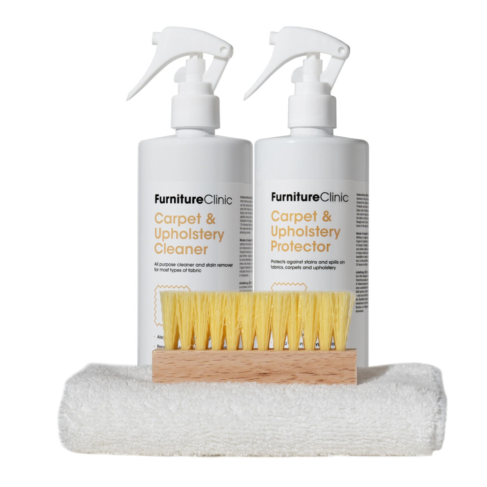 Furniture Clinic Fabric Care Kit | Includes: 500Ml Cleaner, 500Ml Protector, Microfibre Cloth & Cleaning Brush For Use On Clothing, Carpet 5051226516818