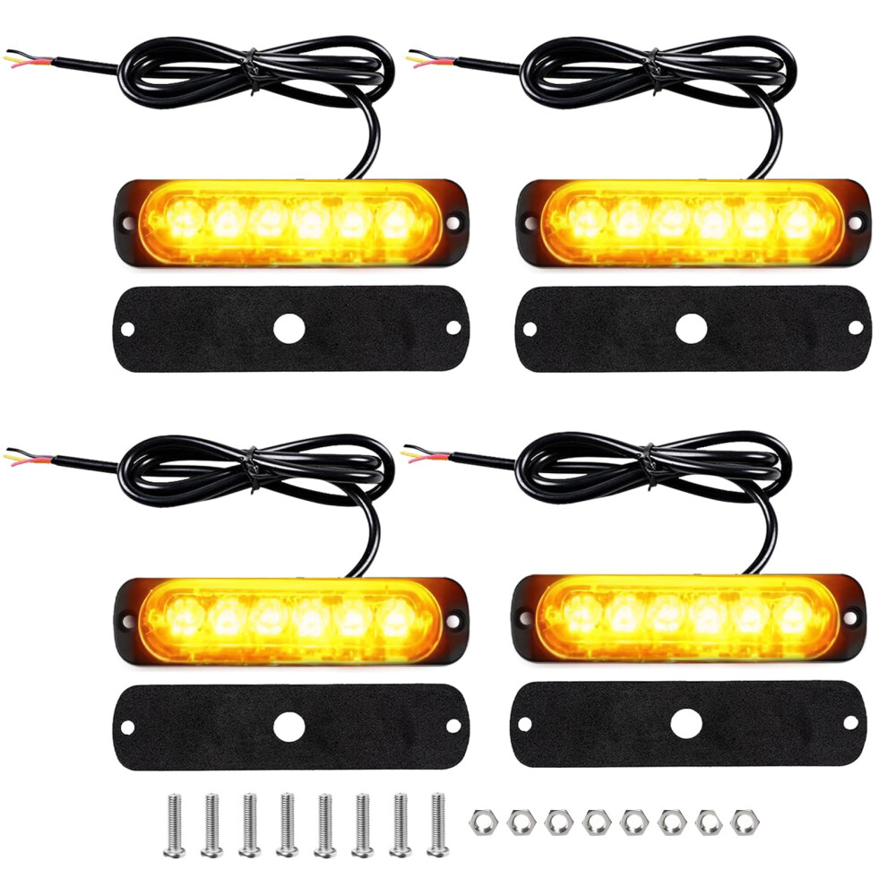 4 Pcs Car Strobe Flashing 12V-24V, 6 Led Emergency Hazard Warning Beacon Revovery Bar, Led Universal Waterproof Breakdown Beacon St Light/Amber 10802861