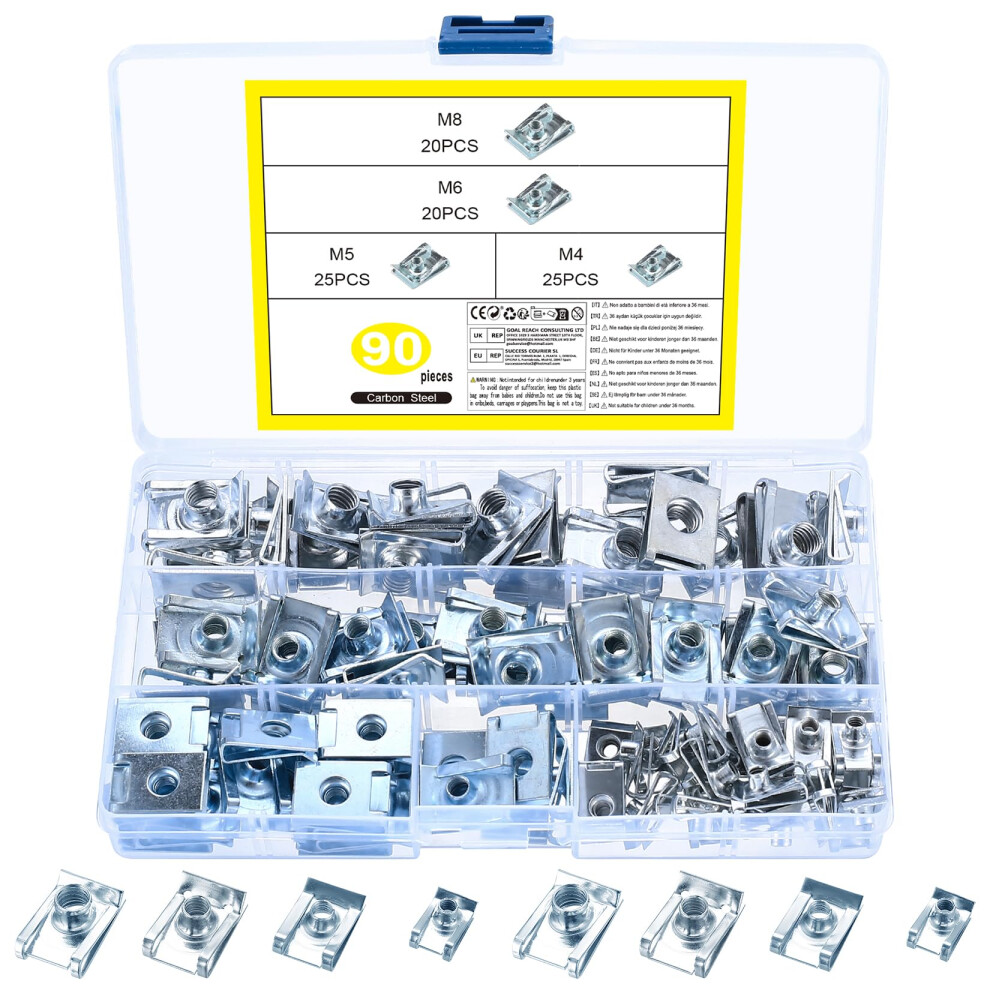 90 Pcs Car U Nut Clips, Automobile Fastener U Clip-On Nuts, Auto Fastener Clips Assortment, Metal U-Type Car Body Undertray Fender Screws U-Clips, U 95517094