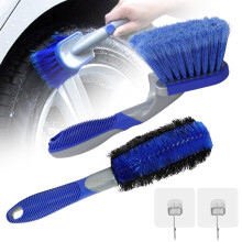 Vurixfo 2 Pcs Car Wheel Brush, Easy Reach Rim Tire Detail Brush Alloy Wheel Brushes Soft & No-Scratch Tyre Brushes with Hook Sticker for Home Car