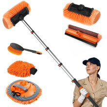 SISUPASSIE 4.8m Car Wash Brush Long Handle, Car Cleaning Brush Kit with Soft Bristle Brush, Telescopic Window Cleaner, Microfiber Wash Mop, Wheel Brus