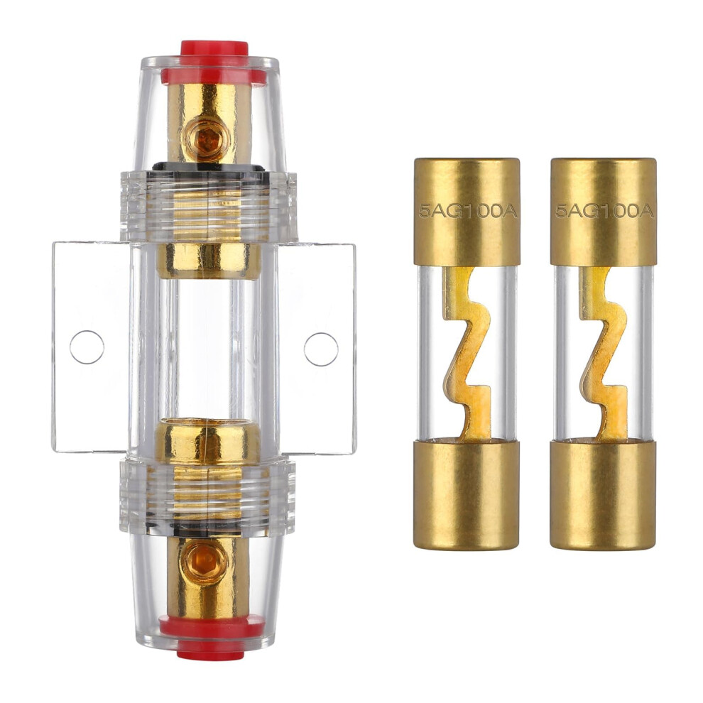 Vexunga Agu Inline Fuse Holder With 2Pcs 100A Agu Fuse Plated Glass Tube 100 Amp For Car Audio Amplifier Automotive Safety Power Protection Gold 13120702