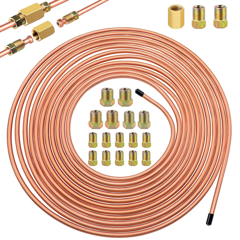 Mxuteuk 3/16 Inch X 25 Ft Brake Line Tubing Kit Flexible Copper Coated Alloy Brake Line Tubing Coil With 18 Inverted Flare Fittings And 1 Unions Sae 86076678