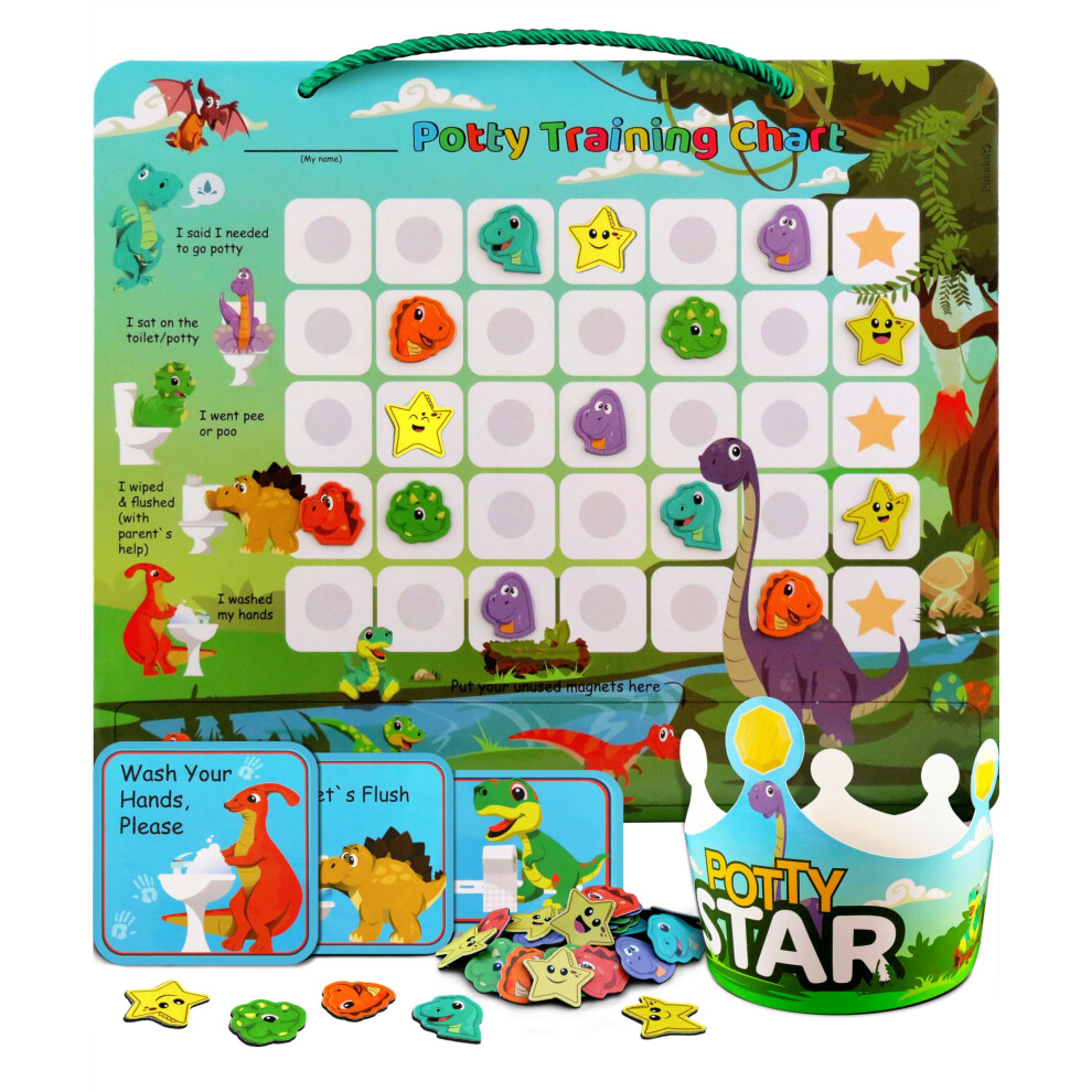 Potty Training Chart With 35 Stickers, 3 Reminder Stickers And Crown For Toddlers Boys And Girls - Potty Training Rewards For Kids - Dino Putska