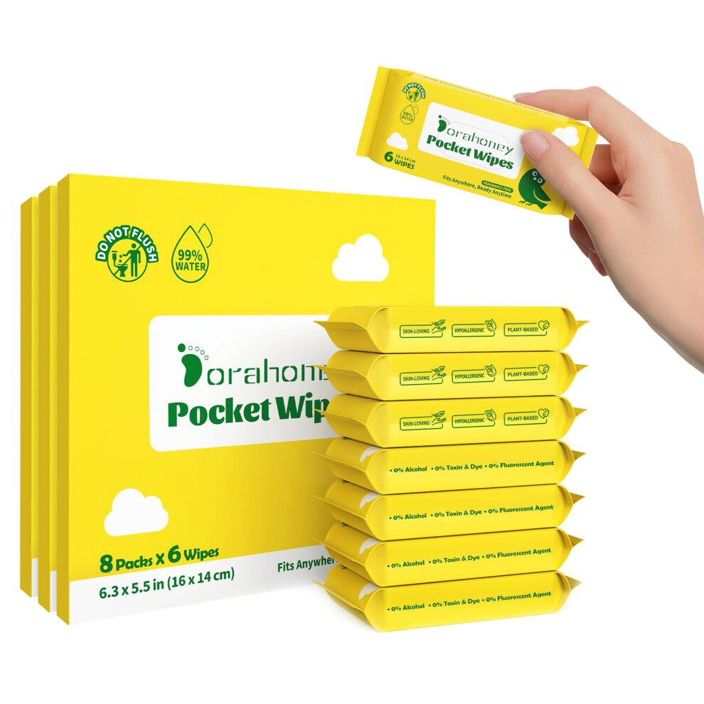 Dorahoney Mini Wet Wipes Travel Size, 24 Pack Sensitive Travel Wipes, 99% Water, Unscented & Hypoallergenic Hand And Face Pocket Wipes Travel Essenti