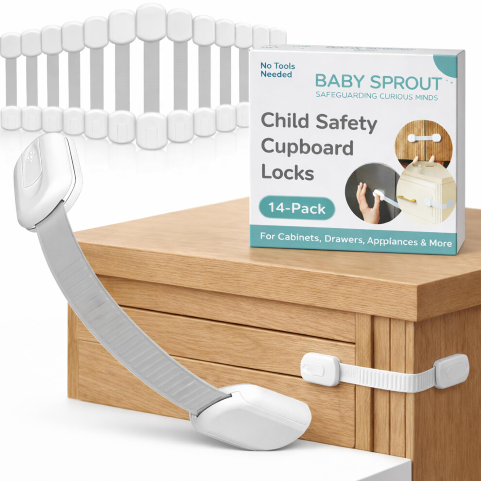 Cupboard Locks For Children (14 Pack) - Baby Proof Cupboard Locks, Child Locks For Kitchen Cupboards, Baby Proofing Cabinet Locks & Drawer Locks Baby Sprout