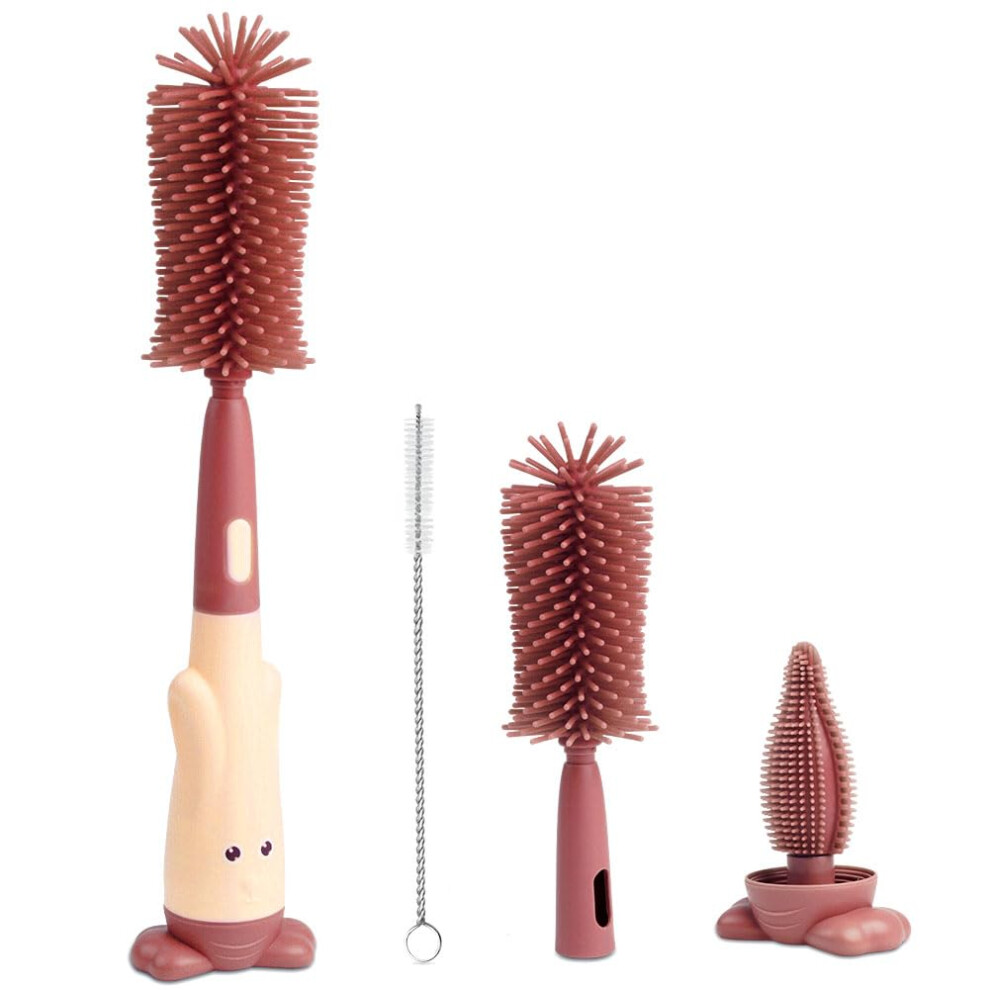 Vicloon 3-In-1 Baby Bottle Cleaning Brush, Silicone Bottle Cleaner, Red
