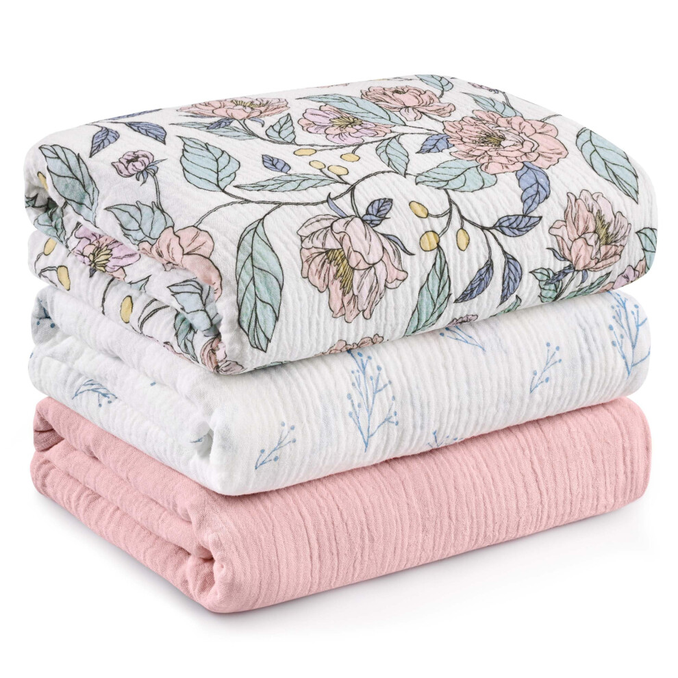 Soarwg Baby Muslin Swaddle Blankets - Floral Fantasy Print, Set Of 3 Large 95X100cm Swaddling Cloths, Soft Breathable Baby Wrap & Burp Cloths For New Soarwg Kids