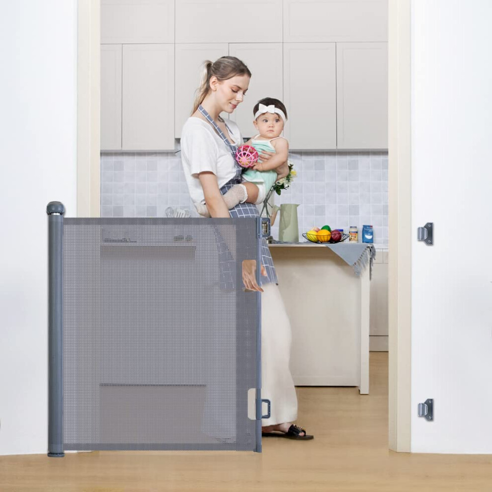Retractable Baby Gate For Stairs, 0-180Cm Mesh Dog Gate For House Doorways Hallways, 84Cm Tall Extra Wide Child Safety Gate For Kids Pets, Indo Comomy