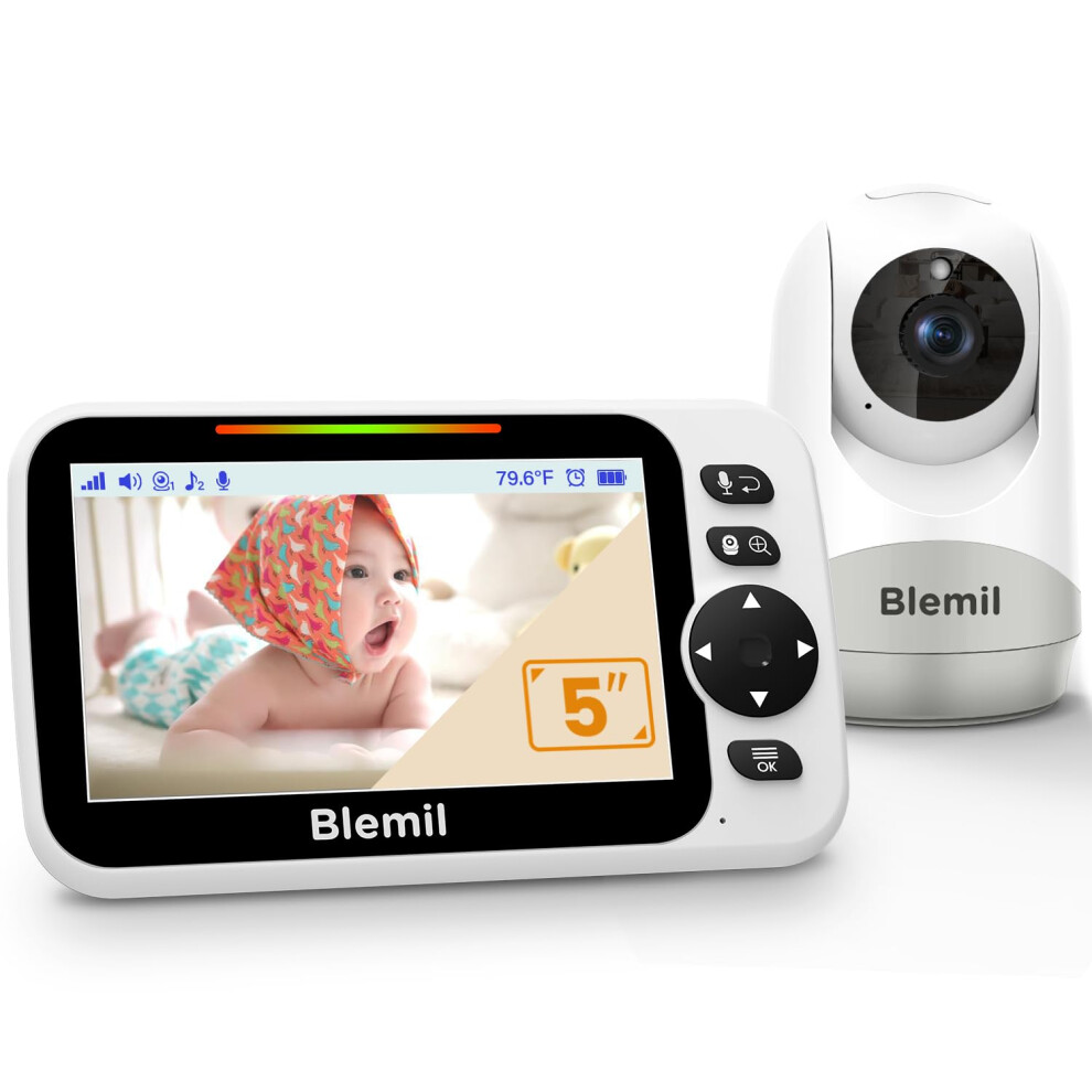 5" Split-Screen Baby Monitor With 30-Hour Battery, Large Video Baby Monitor With Camera And Night Vision, Remote Pan/Tilt/Zoom Camera, Two Blemil