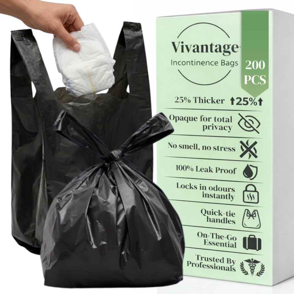 Vivantage Black 200 Pack Adult Nappy Bags | Large Adult Nappy Sacks, Strong, Disposable & Unscented | 25% Thicker | Nappy Disposal Bags, Nappy Bag, Sanitary Di