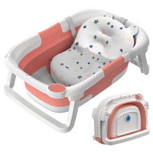 Baby Bath Tub Essentials - Foldable, Collapsible Newborn Bathtub with Non Slip Bath Seat Cushion Stand Pad, Portable Travel (Pink) 0-24 Months