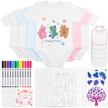 Aolso Baby Bibs for Painting, 6 Pieces Baby Bibs, 6 Pieces Bodysuits for Toddlers with 12 Textile Pens and 22 Painting Stencils