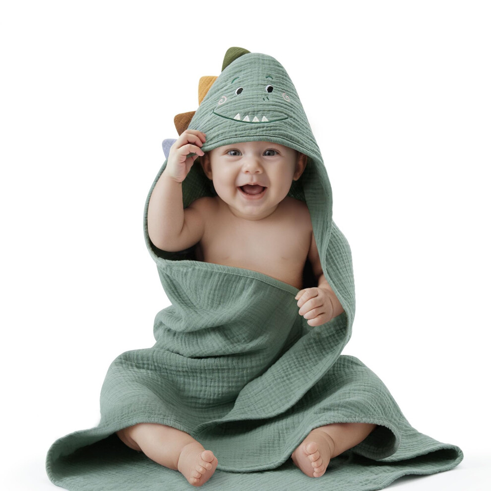 Muslin Baby Hooded Towel, Soft And Absorbent Bath Towel For Newborn, Infant, Toddler, Unisex, 32″X32″ - Roguish Dino Blissful Diary