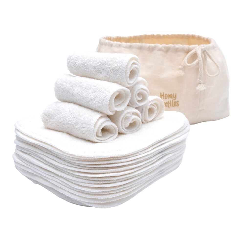 Pack Of 25 Bamboo Reusable Wash Cloth & Baby Wipes - 20 Cm X 20 Cm Soft Flannel Face Cloth With A Decorative Stylish 100% Cotton Bag - Homy Textiles