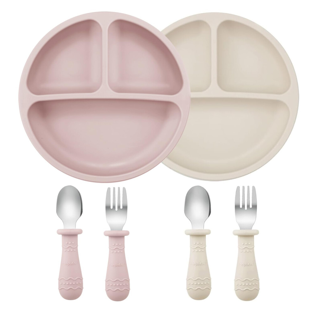 Pandaear 6-Piece Baby Feeding Set: 2 Suction Silicone Divided Plates With 2 Sets Of Stainless Steel Spoons And Forks
