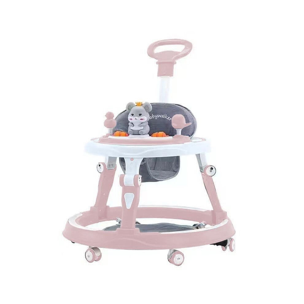 Adjustable Baby Walker, Foldable Safari Walker, Multifunctional Baby Walker, Feeding Tray, Interactive Music, Toys, Lights, Wheel Safety Breaks, Pink