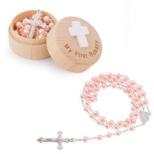 My First Rosary Baptism Gifts, Baptism Memorial Box Pink Rosary Necklace Beads Christening Gifts Catholic First Communion Gifts Rosary Box Holder for